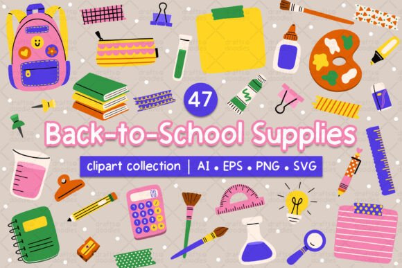 Back to School Supplies Clipart Set: Graphics for Crafts